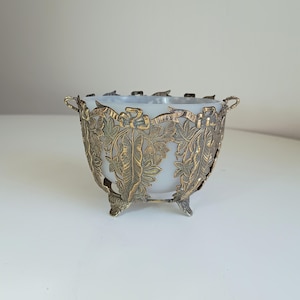 Vintage French or English Repousse Metal Biscuits or Cookies Basket without a Handle, Aesthetic Movement, Frosted White Opaline Glass Bowl