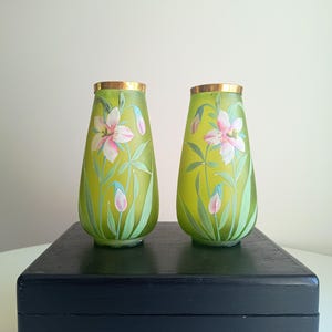 Pair of Art Nouveau Jugendstil Bohemian Green Glass Vases with Enamelled Narcissus attr. Carl Goldberg in the style of French Legras