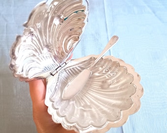 Vintage englische versilberte Butterdose: Austernschale, Art-Deco-Milchglas-Servierschüssel
