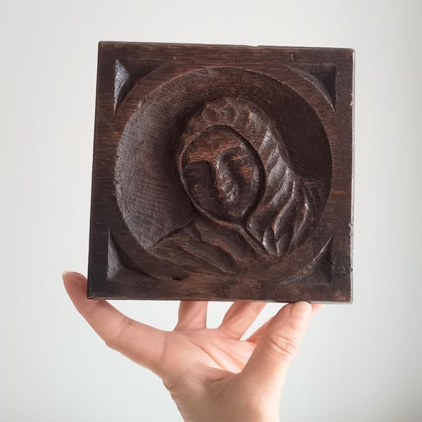 Arts & Crafts Gothic Revival Oak Panel: Antique Castle Core Hand-Carved Monk Relief