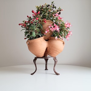 May include: A terracotta planter with three connected pots, filled with vibrant pink and red flowers and green foliage. The planter sits on a decorative, dark metal stand with curved legs. The flowers and berries add a pop of colour.