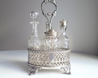 Antike Englische Silber Teller Menage & 4 Geschliffene Glas Flaschen, Belle Epoque
