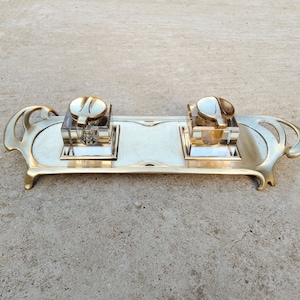 Antique Art Nouveau Brass Writing Set: Bohemian Glass Inkwells, Signed Geschutzt c 1902