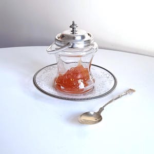 Vintage fransk graverad glas syltburk, silverpläterad lock och Boulognesked
