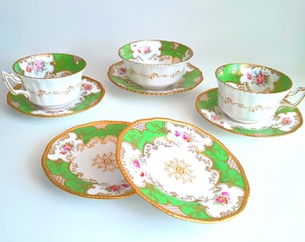 Antikes viktorianisches englisches Coalport Part Teeset für 2: Handbemaltes Apfelgrün, 1890er Jahre