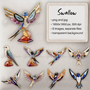 Figurines d'hirondelle, clipart, martinet, mosaïque de pierres précieuses, oiseau, mosaïque numérique, décoration, kit de scrapbooking numérique, fond transparent, png