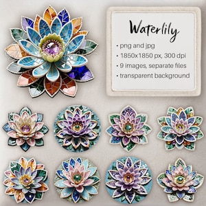 Conjunto de imagens de clipart de nenúfar, flores de lótus, estatueta de mosaico de pedras preciosas, elemento de design decorativo, scrapbooking digital, mosaico digital, png