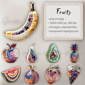 Estatuetas de frutas, clip art, maçã, pêra, abacaxi, banana, abacate, uva, morango, romã, melancia, mosaico de pedras preciosas, adesivo