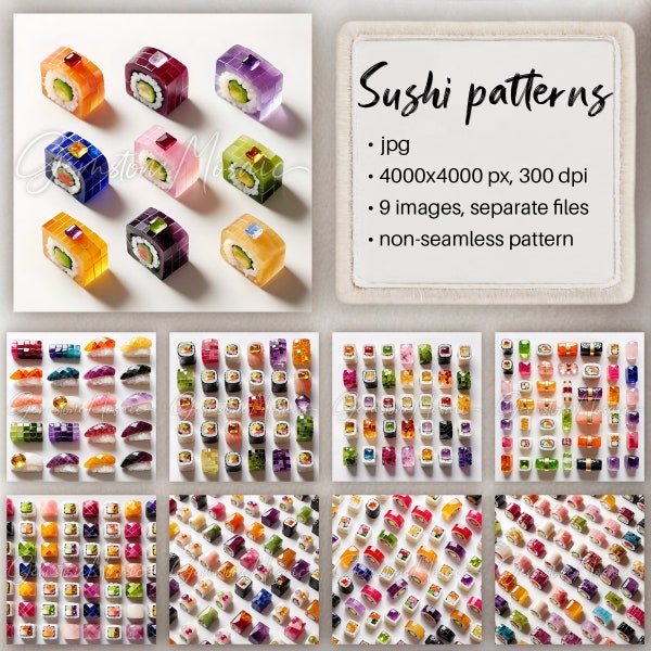 Sushi pattern, digital paper, maki sushi, nigiri sushi, non-seamless pattern, gemstone figurine, mosaic, wallpaper, instant digital download