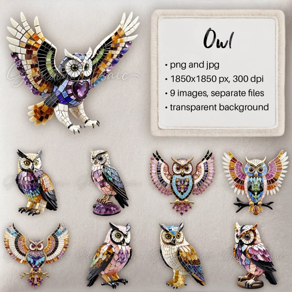 Owl gemstone mosaic figurines, eagle-owl, birds, digital scrapbooking kit, transparent background, png, sticker, digital planner, decoration