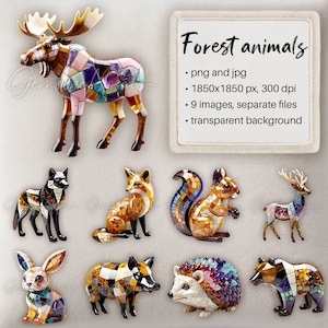 Animaux de la forêt, figurines, orignal, ours, loup, renard, écureuil, cerf, hérisson, sanglier porcelet, mosaïque numérique, transparent, mosaïque de pierres précieuses