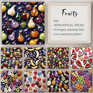 Frutta carta digitale, mela, pera, ciliegia, ananas, banana, uva, fragola, modello non senza cuciture, statuette di pietre preziose, mosaico digitale