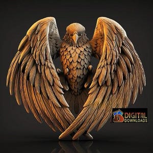 May include: A detailed, three-dimensional sculpture of an eagle with outstretched wings. The eagle is carved from a light brown material, with intricate feather detailing. The wings are spread wide, and the eagle's head is facing forward. The text "DIGITAL DOWNLOADS" is in the lower right corner.