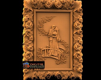 May include: A carved wooden relief depicting a wedding scene. The frame is adorned with roses, and the central image shows a couple on a bridge surrounded by floral elements. The words "DIGITAL DOWNLOADS" are at the bottom.