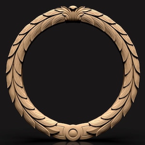 Peut inclure: Une couronne circulaire détaillée, rendue en 3D, avec un motif de feuilles de laurier. La couronne est de couleur brun clair chaud et présente des détails complexes sur chaque feuille. Le design est symétrique et semble être en bois ou en matériau similaire.