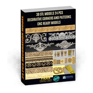 Może przedstawiać: Okładka książki prezentująca modele 3D STL dekoracyjnych narożników i wzorów. Okładka przedstawia różne zdobione wzory w kolorze złotym i srebrnym, z tekstem "3D STL MODELS 24 PCS DECORATIVE CORNERS AND PATTERNS CNC READY MODELS".