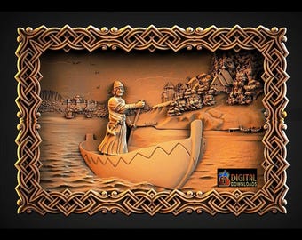 Pescador y barco, archivo STL de modelo 3D, grabador de enrutador CNC, Artcam, madera, decoración de pared, Cut3d, impresora 3D, corte láser
