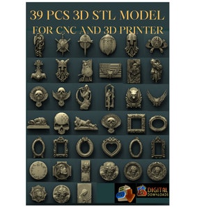 Puede incluir: Una colección de 39 modelos STL 3D detallados para CNC e impresoras 3D. Los modelos incluyen varios diseños como marcos, calaveras, figuras religiosas y emblemas decorativos. El texto "39 PCS 3D STL MODEL FOR CNC AND 3D PRINTER" se muestra en la parte superior.