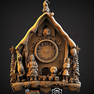 May include: A wooden cuckoo clock featuring cartoon characters and a clock face. The clock has a house shape with a snow-covered roof and includes figures of Goofy, Minnie Mouse, and a teddy bear. The clock face shows the time as 12:00.