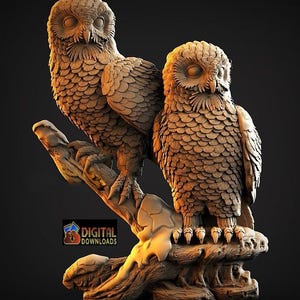 Może przedstawiać: Dwie szczegółowe rzeźby sów siedzących na drewnianej gałęzi. Sowy mają teksturowane pióra i zamknięte oczy. Gałąź jest misternie wyrzeźbiona. Obraz zawiera tekst "DIGITAL DOWNLOADS".