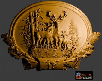 Herten en bos, 3D-model STL-bestand, CNC-routergraveur, Artcam, hout, wanddecoratie, Cut3D, 3D-printer, lasercut