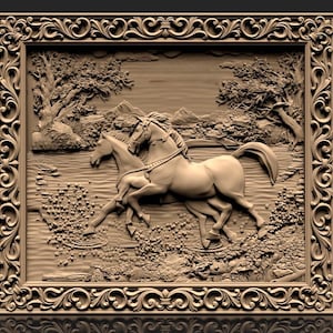 2 cavalli Stl Panno, file STL modello 3D, incisore router CNC, Artcam, file CNC, legno, decorazioni murali, taglio laser 3D