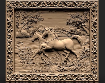 2 Pferde Stl Panno, 3D-Modell STL-Datei, CNC Fräser Engraver, Artcam, CNC Dateien, Holz, Wanddekor, Laser Cut3d