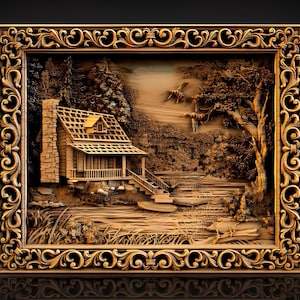 Pannello Casa nella foresta, file STL modello 3D, incisore router CNC, Artcam, file CNC, legno, decorazione da parete, taglio laser 3d