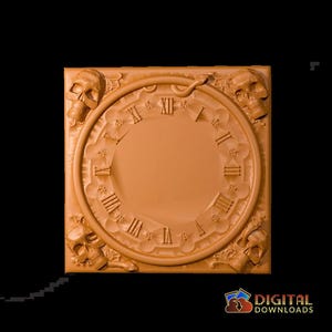 May include: A detailed, tan-colored wall clock with a gothic design. The clock face features Roman numerals and is surrounded by a decorative border with skulls and a snake. The words "DIGITAL DOWNLOADS" are in the bottom right corner.
