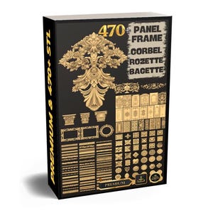 Może przedstawiać: Czarne pudełko z pozłacanymi dekoracyjnymi elementami architektonicznymi. Pudełko wyświetla tekst "470+ PANEL FRAME CORBEL ROZETTE BAGUETTE" i "PREMIUM & 470+ STL". Projekt zawiera różne ramy paneli, rozety i wsporniki.
