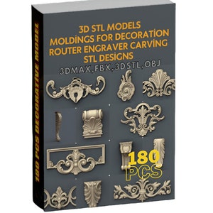 Puede incluir: Una portada de libro con modelos STL 3D para decoración, grabado con enrutador y tallado. La portada muestra varios diseños de molduras ornamentadas, con el texto "3D STL MODELS" y "180 PCS DECORATIVE MODEL".