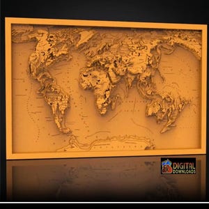 May include: A framed, three-dimensional wooden world map. The map is a light brown colour, with raised relief detailing landmasses and oceans. The frame is a matching light brown. The image includes the text "DIGITAL DOWNLOADS".