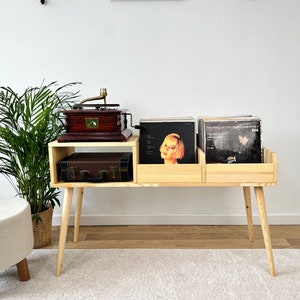 Handmade Turntable Console – Wooden Record Player Stand with Vinyl Storage – Mid Century LP Cabinet – Solid Wood Media Furniture, Vinyl