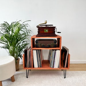 Wooden Vinyl Record Stand – Turntable Table with LP Storage – Handmade Record Player Console – Mid Century Solid Wood Furniture, Vinyl, mcm