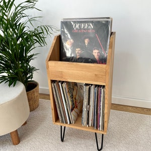 Oak Vinyl Record Storage Stand – Wooden Turntable Table – Handmade Record Player Cabinet – Mid Century LP Console Media Unit, Vinyl holder
