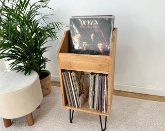 Oak Vinyl Record Storage Stand – Wooden Turntable Table – Handmade Record Player Cabinet – Mid Century LP Console Media Unit, Vinyl holder