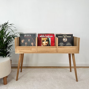 Oak Handmade Record Player Stand – Solid Wood Turntable Cabinet – Vinyl LP Storage Console – Mid Century Music Media Furniture, Vinyl record