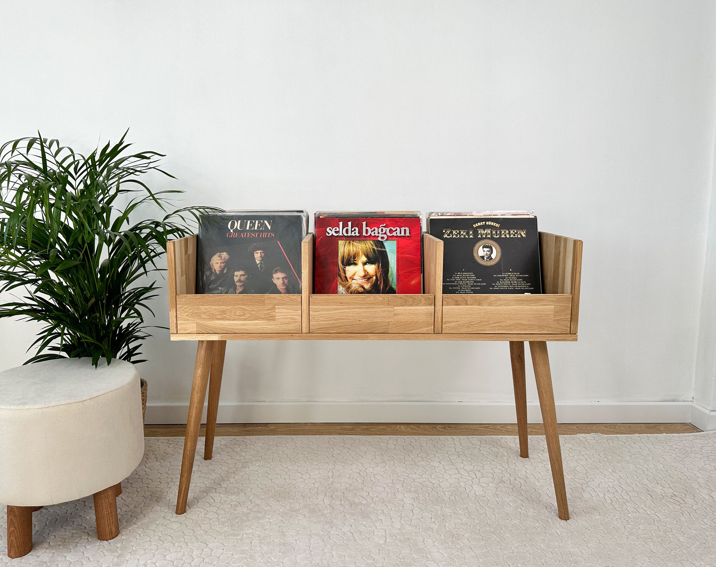 Oak Handmade Record Player Stand – Solid Wood Turntable Cabinet – Vinyl LP Storage Console – Mid Century Music Media Furniture, Vinyl record