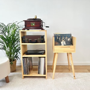 Record Player Console Table – Vinyl Turntable Stand with LP Storage – Handmade Solid Wood Cabinet – Mid Century Music Furniture