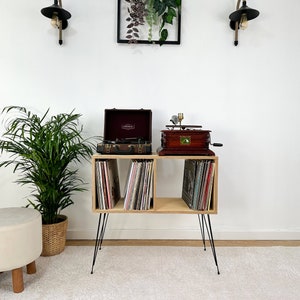 Vinyl Record Player Stand – Solid Wood Turntable Console with LP Storage – Handmade Media Cabinet – Mid Century Modern Furniture, Records
