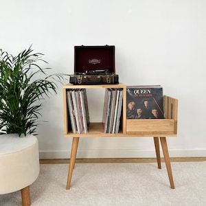 Oak Record Player Stand, Vinyl Console, Record Player Table, vinyl storage cabinet, media console, oak stereo console, Turntable Stand
