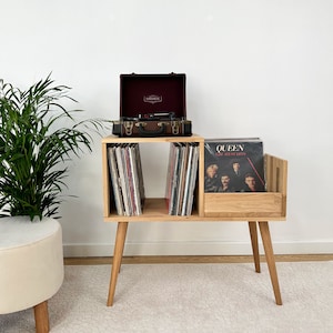 Oak Record Player Stand, Vinyl Console