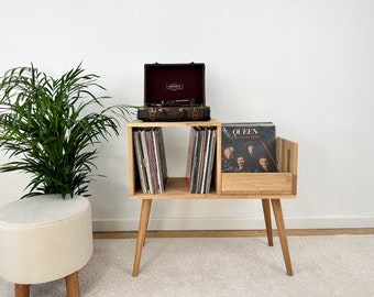 Oak Record Player Stand, Vinyl Console