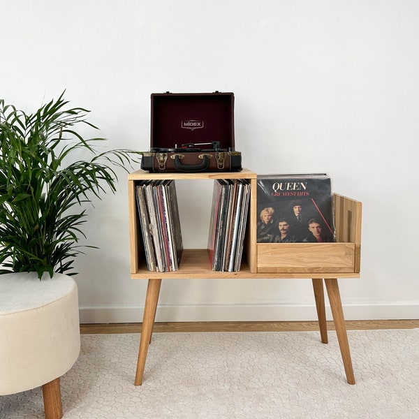 Oak Record Player Stand, Vinyl Console