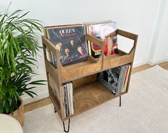 Turntable Stand with Vinyl Storage – Wooden Record Player Table – Mid Century LP Console – Handmade Stereo Media Cabinet, Vinyl end table