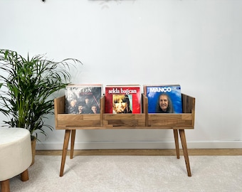 Walnut Wooden Record Player Console – Turntable Stand with Vinyl Storage – Handmade LP Cabinet – Solid Wood Mid Century Music Furniture
