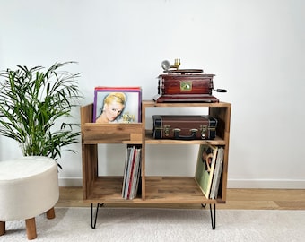 Walnoot vinyl console, vinyl bijzettafel, vinyl display