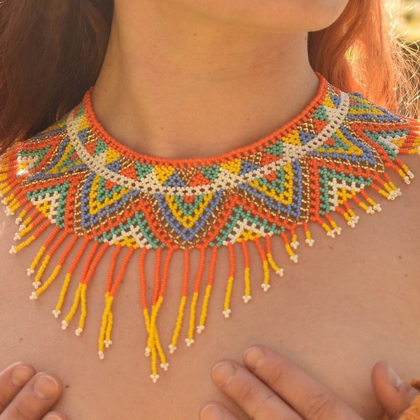 Maya-inspired geometric bib, handmade ethnic jewelry, gift idea, queen's necklace, chic and elegant, sensual