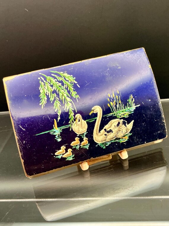 melissa cigarette case Vintage Melissa Enamel Swan Cigarette Case | Made in England | Blue & Gold  Mid-century Vanity Object