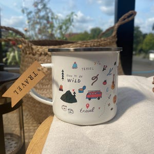 Camping Enamel Mug – Hand-Drawn Nature Mug – Camper Gift, Hiking Mug, Travel Cup for Outdoor Lovers, Gift for Travellers